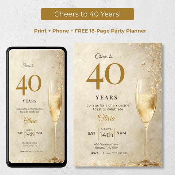 Cheers to 40 Years Champagne Birthday Invitation