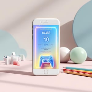 Mobile version of arcade birthday invitation shown on smartphone screen, 1080x1920 digital invite