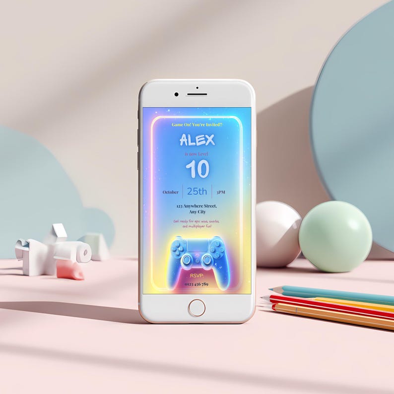 Mobile version of arcade birthday invitation shown on smartphone screen, 1080x1920 digital invite