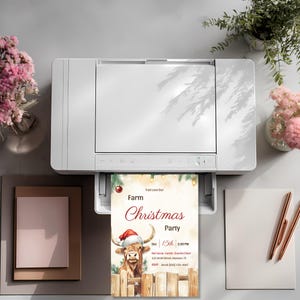 Highland cow Christmas party invitation printing at home on a desktop printer, a printable 5x7 farm Christmas invite