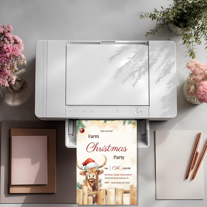 Highland cow Christmas party invitation printing at home on a desktop printer, a printable 5x7 farm Christmas invite