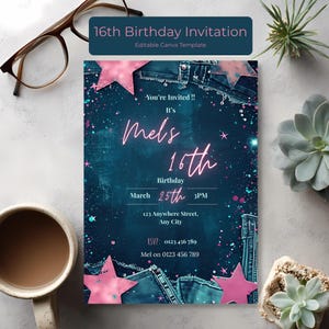 Denim and Diamonds Sweet 16 verjaardagsuitnodiging – bewerkbare uitnodiging voor 16e verjaardagsfeestje, tiener glamourcanva-sjabloon