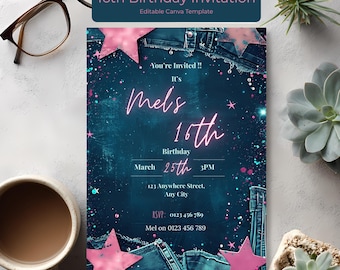 Denim and Diamonds Sweet 16 Birthday Invitation – Editable 16th Birthday Party Invite, Teen Glam Canva Template