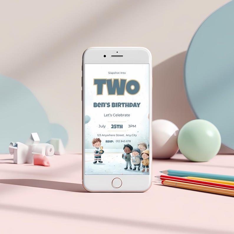 Ice hockey 2nd birthday invitation displayed on a mobile phone screen, showing “Slapshot Into TWO” editable Canva template with watercolor hockey scene