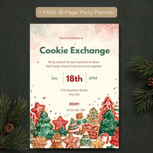 Editable Christmas Cookie Exchange invitation template with free 18-page party planner bonus, displayed on a dark background with pine and pinecone accents