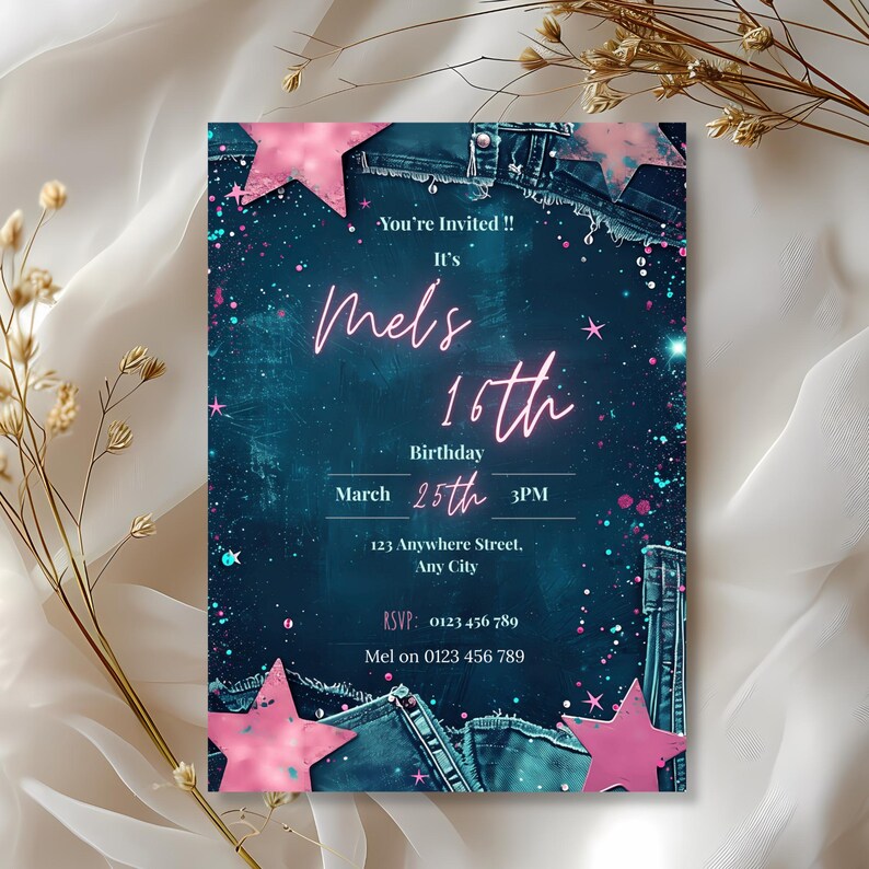 Denim And Diamonds 16th Birthday Invitation Template