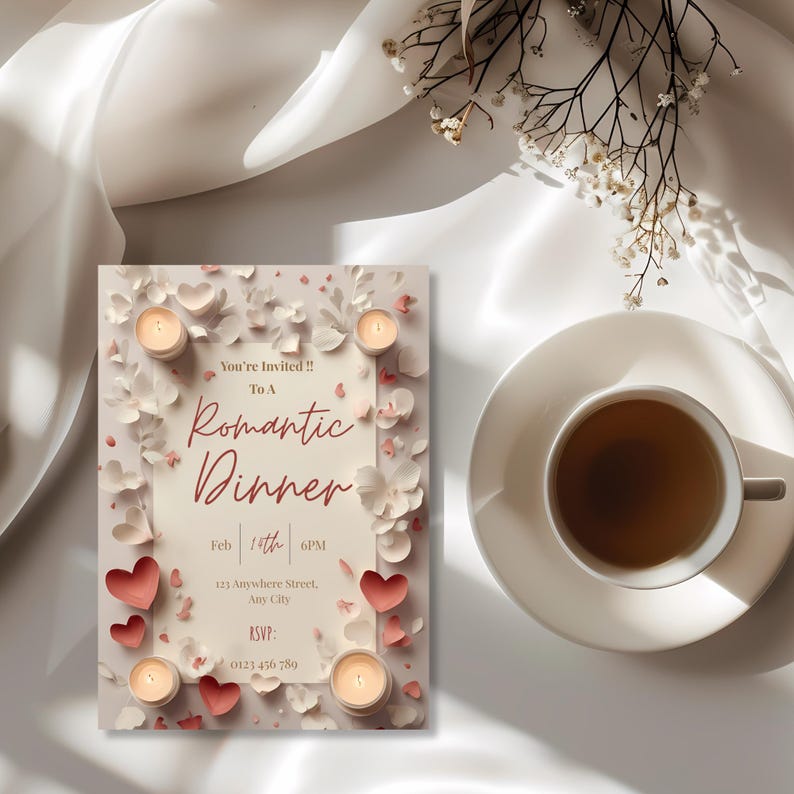 May include: A romantic dinner invitation with a cream background, adorned with paper flowers, hearts, and candles. The invitation text reads "You're Invited!! To A Romantic Dinner" with the date, time, and RSVP information. A cup of tea sits on a saucer to the right.