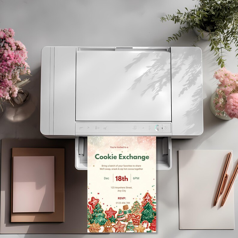 Cookie Exchange invitation printing from a home printer, showing the instant download can be printed at home