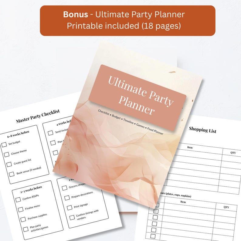 Preview pages from the bonus 18-page Ultimate Party Planner printable, including a checklist, budget tracker, and shopping list