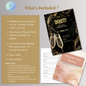 What's included: editable 5x7 NYE invitation, 1080x1920 mobile version, free 18-page printable party planner, free party planner web app, print guide and instructions
