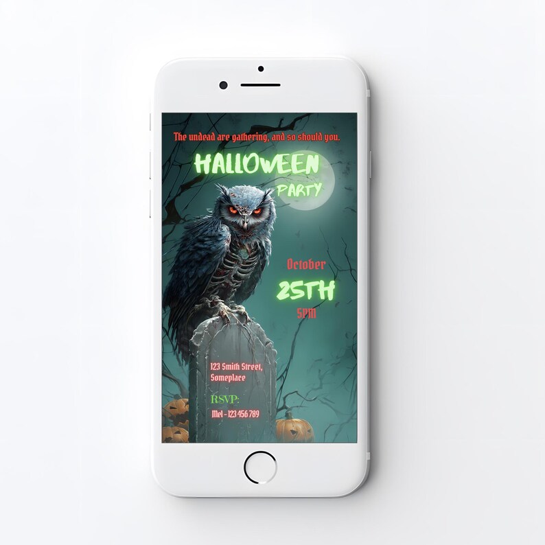 Halloween party invitation mobile version displayed on smartphone, editable zombie owl gothic design, digital invite for WhatsApp or Instagram Stories