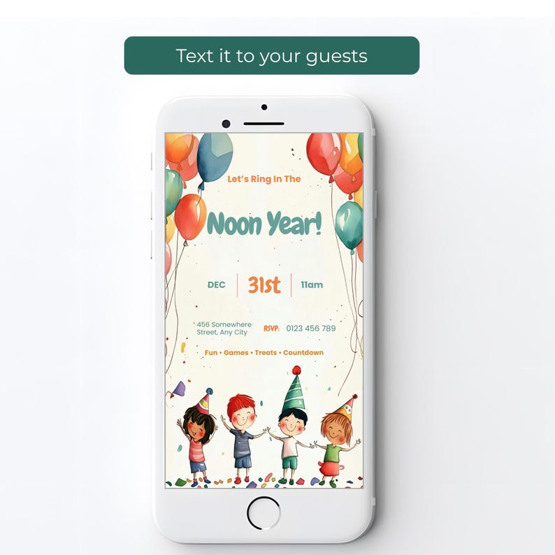Kids Noon Years Eve phone invitation on a smartphone screen, a watercolor Noon Year evite ready to text or email to parents
