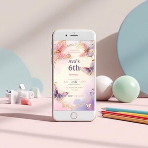 editable butterfly birthday invitation template with gold border pastel pink purple butterfly party invite 5x7 canva template