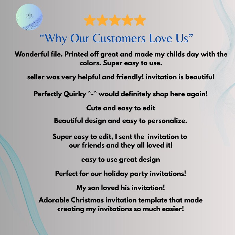 Customer review style graphic highlighting 5-star feedback for the puppy yoga birthday welcome sign Canva template and printable birthday party decor.