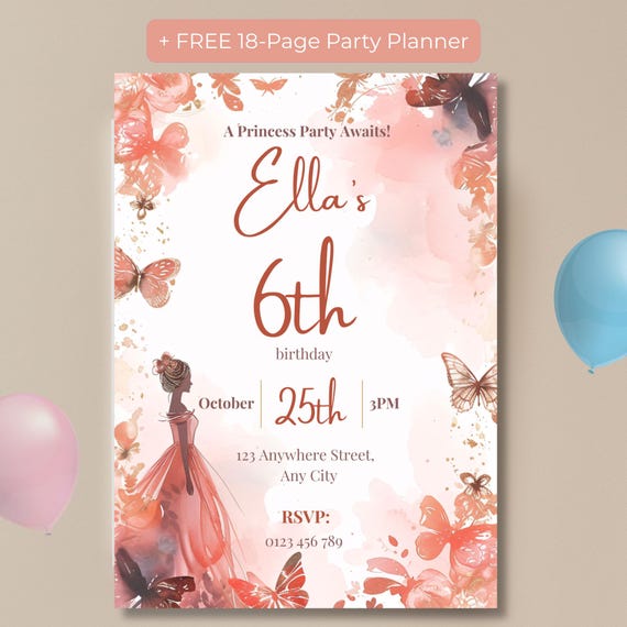 Editable rose gold princess birthday invitation, an example of the 2026 shift toward digital-first party invites