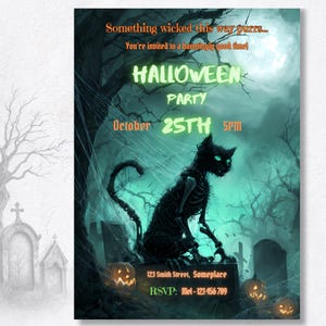 Gothic Halloween party invite template with undead black cat in graveyard, editable Canva digital download, horror themed party invitation printable