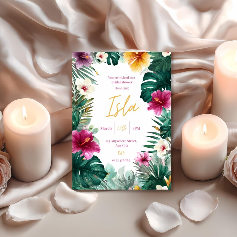 Printed 5x7 tropical bridal shower invitation with elegant hibiscus border, beach party printable invite