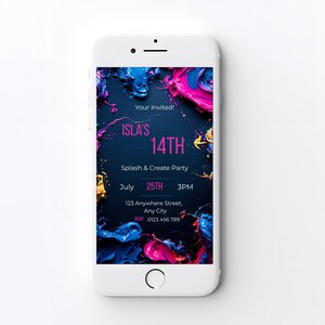 Modern paint party birthday invitation with glossy blue pink and yellow paint splatter border, editable art birthday invite template