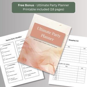 Free bonus 18-page printable party planner with master party checklist, shopping list and budget pages