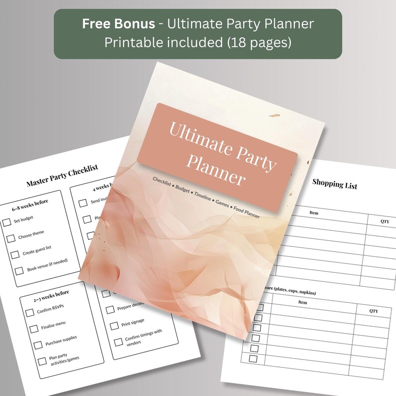 Free bonus 18-page printable party planner with master party checklist, shopping list and budget pages