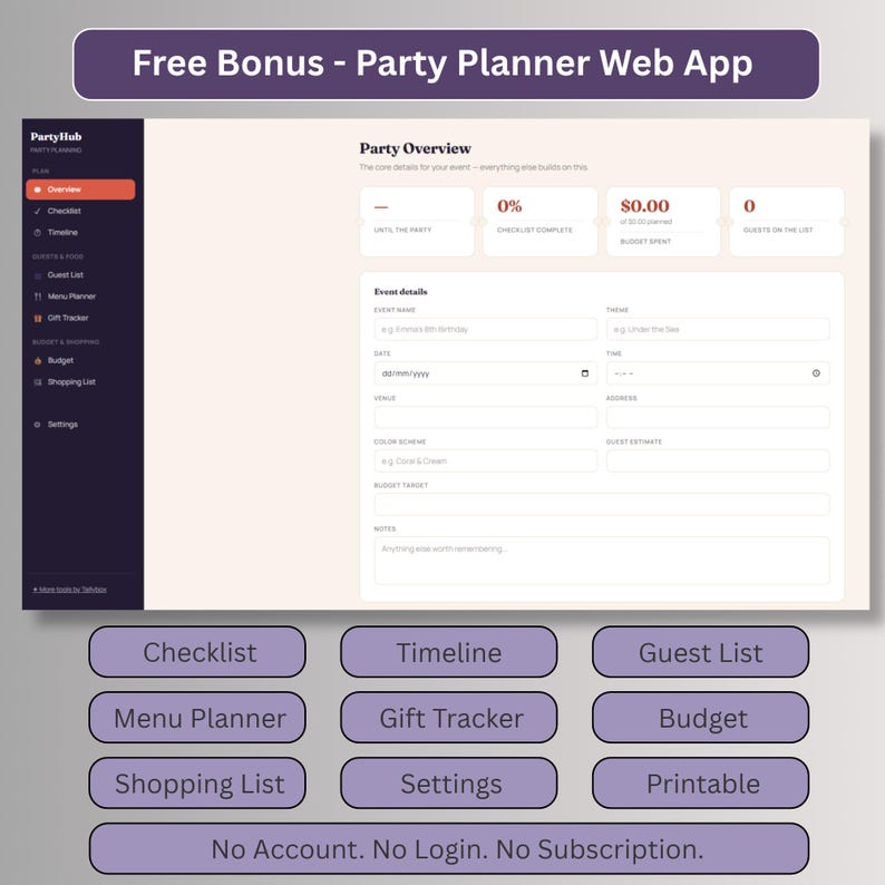 Free bonus party planner web app showing the party overview dashboard with checklist, timeline, guest list, menu planner, gift tracker, budget and shopping list, no account or login needed