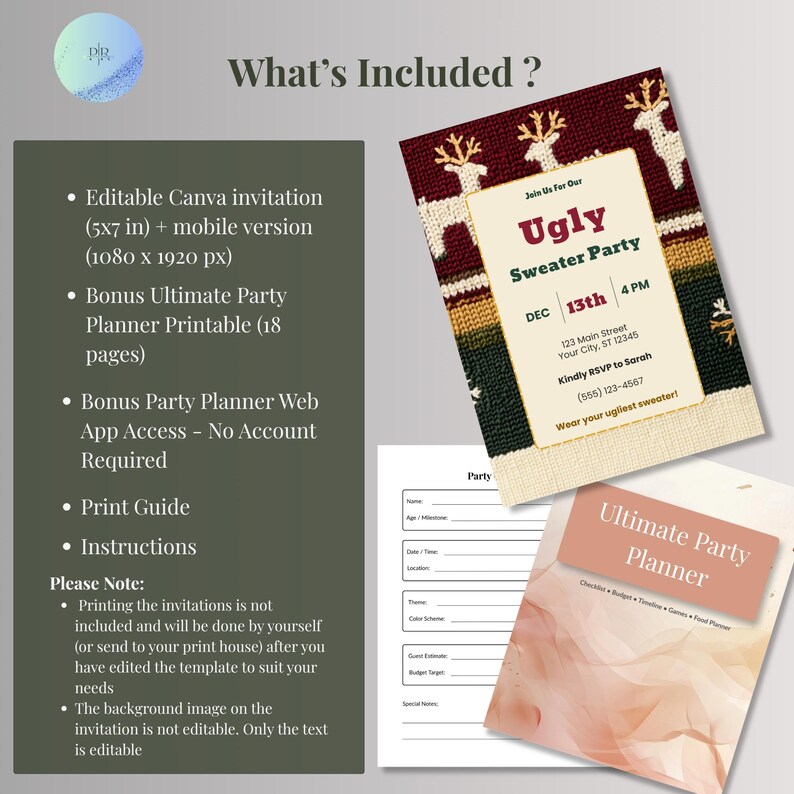 What's included graphic listing an editable 5x7 Canva ugly sweater invitation, a 1080 x 1920 mobile version, a bonus 18-page printable party planner, a bonus party planner web app, a print guide and instructions.
