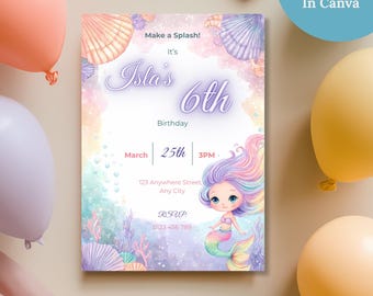Pastel Chibi Mermaid Invite, Watercolor Under the Sea, Editable Mermaid Birthday Invitation Template Canva 5x7