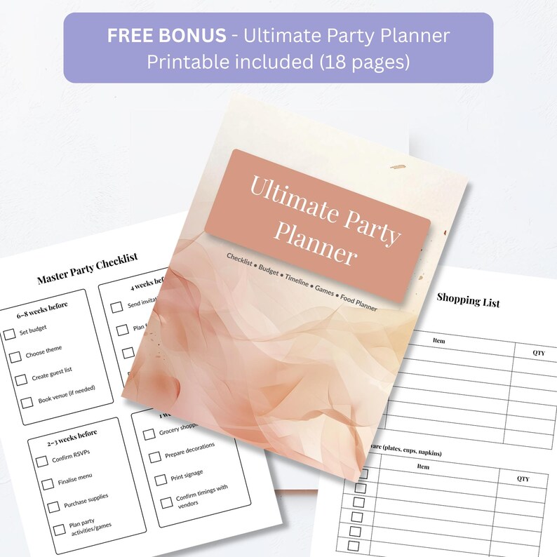 Bonus ultimate party planner printable 18 pages included showing terracotta cover with checklist budget timeline games and food planner sections plus master party checklist and shopping list pages