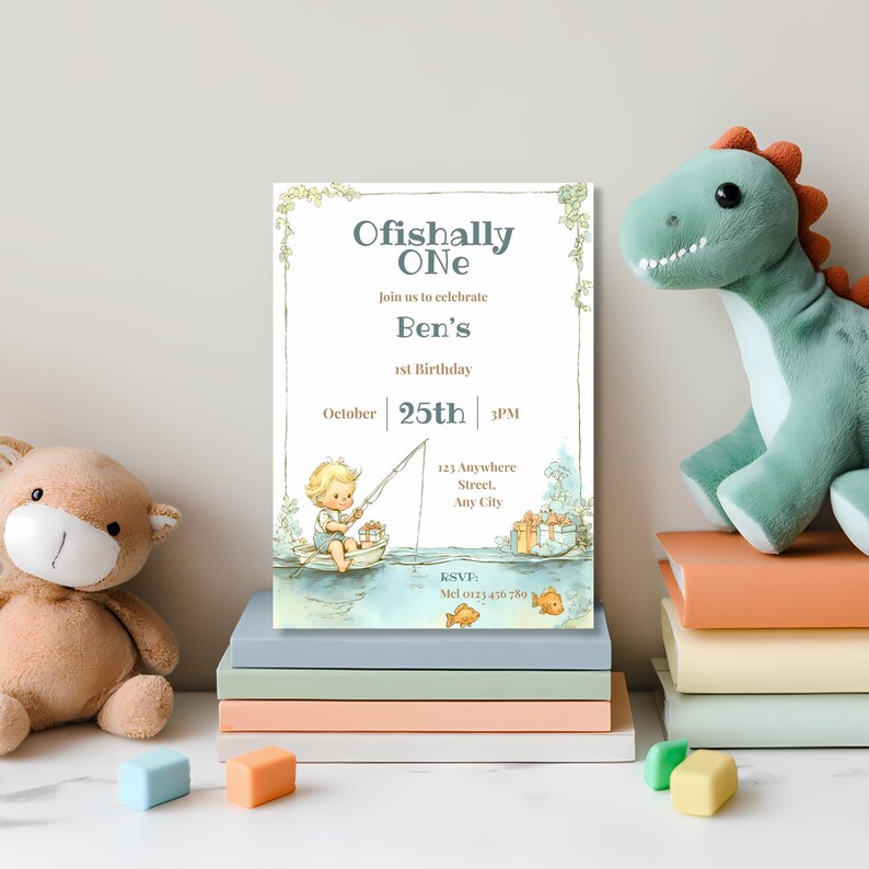 Ofishally One birthday invitation template with soft pastel fishing theme and customizable first birthday party wording in Canva