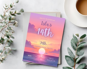Beach Birthday Invitation Template, Sunset Tropical Party Invite, Editable Canva Invitation, Summer Birthday, Printable 5x7