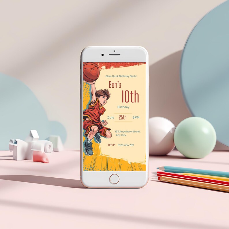 Kids sports party invite mockup showing central text area for name, date, time, and RSVP details