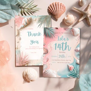 May include: Two invitation cards with a beach theme. One says "Thank you" and the other says "Isla's 14th Birthday". The cards are decorated with seashells, starfish, and palm leaves, with a color palette of pink, blue, and beige.