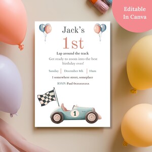 Pastelkleurige racewagen 1e verjaardagsuitnodiging, bewerkbare canvas sjabloon voor ronde van de baan voor kinderfeestje