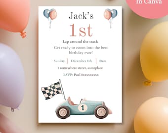 Pastel Race Car 1st Birthday Invitation, Editable Canva Lap Around The Track Template for Kids Party