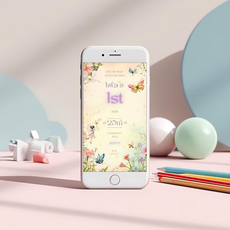 Fairy birthday invitation digital mobile version displayed on a smartphone screen, showing the 1080x1920 story format perfect for sending via WhatsApp or text, with fairy garden botanical design