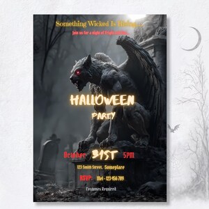 Gothic Halloween party invitation with spooky bat and spiderweb backdrop, dark gargoyle horror design, editable Canva template digital download