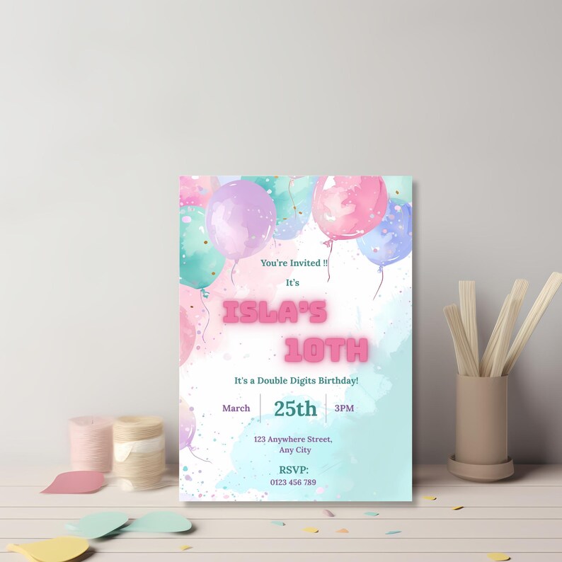Editable 10th birthday invitation template, pastel watercolor balloon design, printable digital download