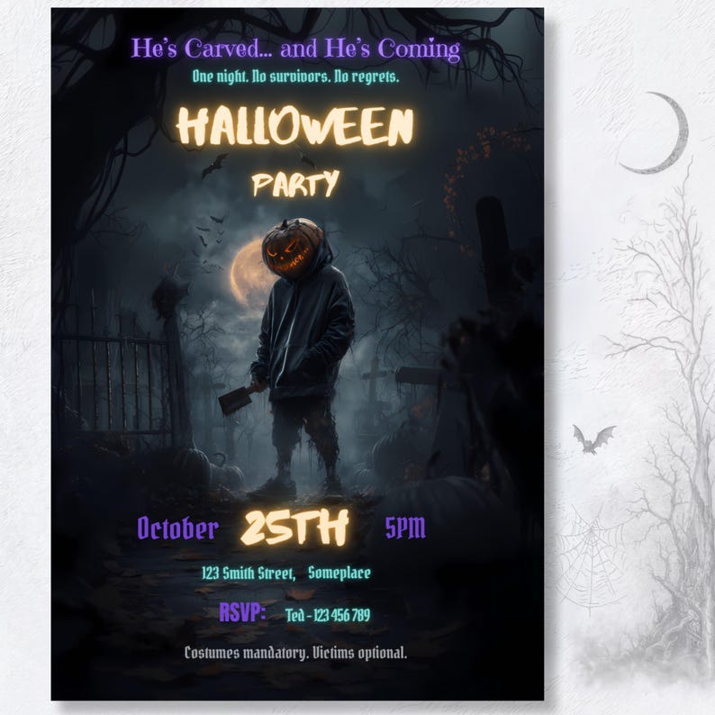 Spooky Halloween party invite template with bat and spiderweb Halloween graphic, dark cinematic design editable in Canva, instant digital download