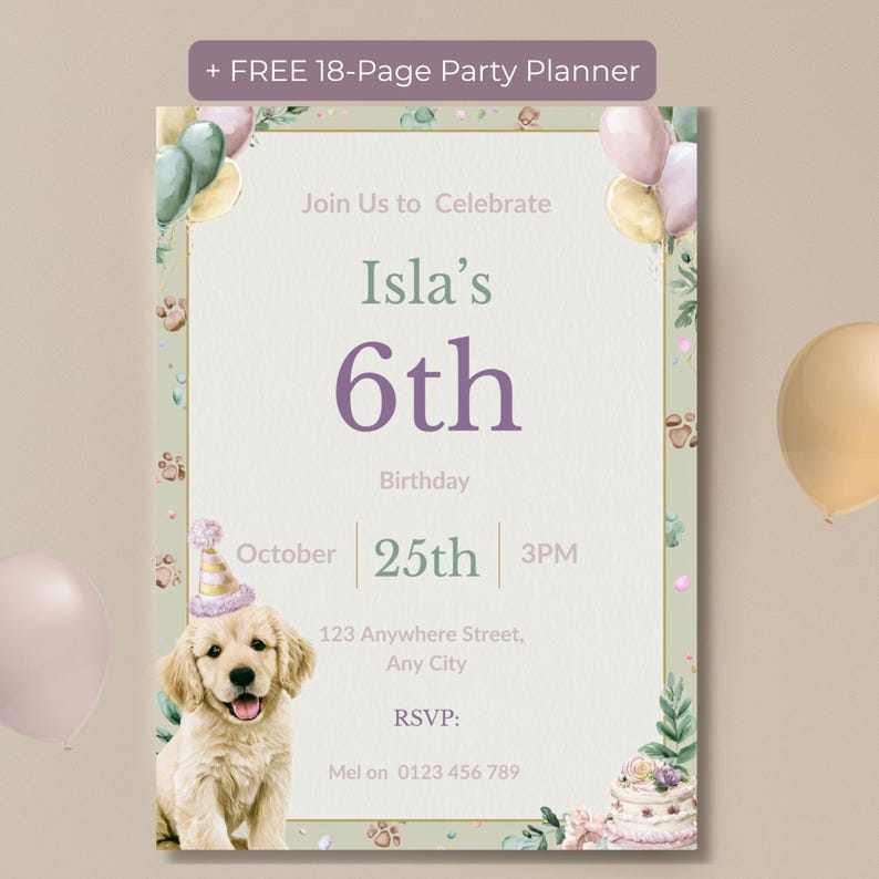 Watercolor puppy birthday invitation with free 18-page party planner bonus banner, pink and gold balloons