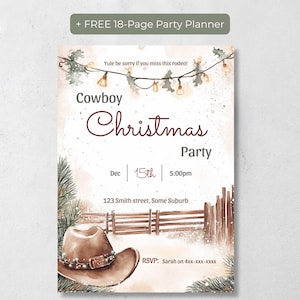 Op de afbeelding: Een uitnodigingskaart voor een Cowboy Christmas Party met een bruine cowboyhoed, een houten hek, dennentakken en lichtsnoeren. De tekst luidt: Yule be sorry if you miss this rodeo! Cowboy Christmas Party, Dec 15th, 5:00pm, 123 Smith street, Some Suburb, RSVP: Sarah on 4xx-xxx-xxxx.