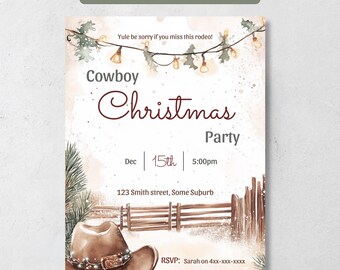 Cowboy Christmas Party Invite, Editable Western Christmas Invitation, Rustic Hoedown Holiday Party Canva Template, Digital Download