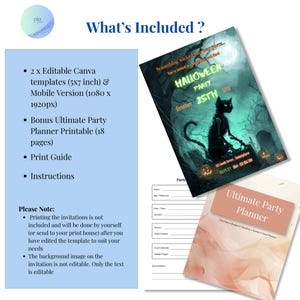 What's included with Halloween zombie cat invitation template: 2 Canva templates, 18-page party planner printable, print guide and instructions, instant download
