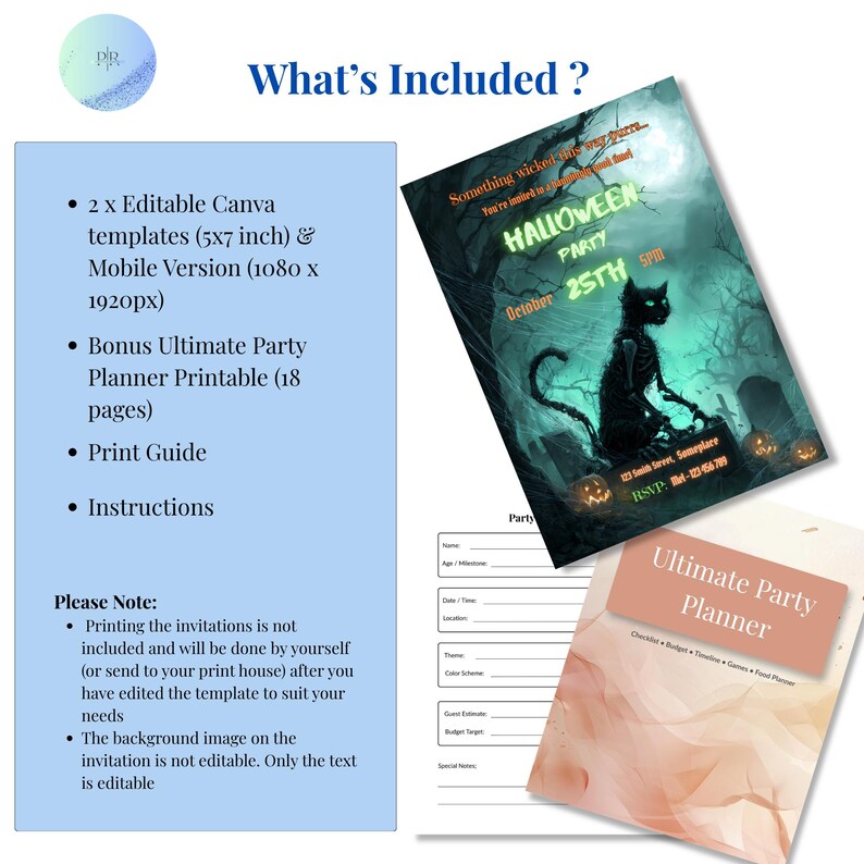 What's included with Halloween zombie cat invitation template: 2 Canva templates, 18-page party planner printable, print guide and instructions, instant download