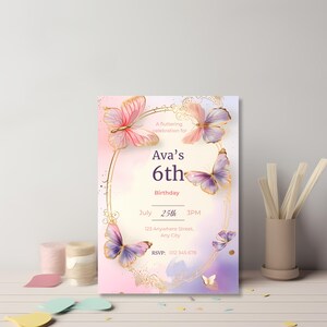 butterfly party invitation template pink purple pastel birthday invite for girl editable in canva 5x7 invitation