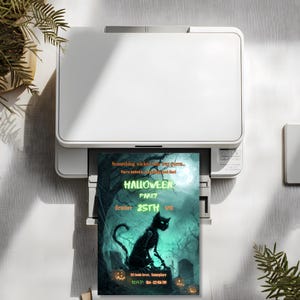 Halloween party invitation template being printed at home, spooky zombie cat design, Canva editable, print-ready 5x7 inch format