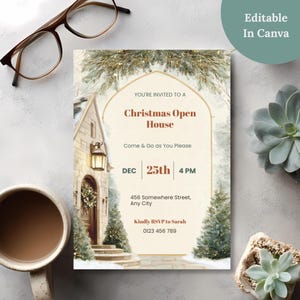Editable DIY Christmas Open House invitation styled on a desk