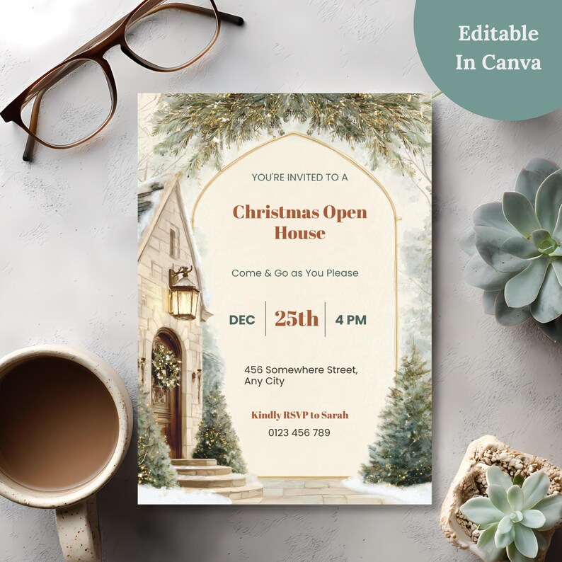 Christmas Open House invitation Canva template styled with coffee and succulent, customizable holiday party invite