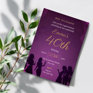 Printable surprise birthday invitation template purple gold editable milestone birthday invite for women 30th 40th 50th elegant