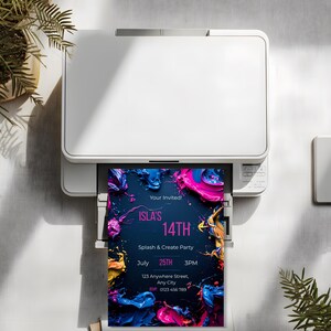 Editable paint party invitation template with vibrant acrylic paint splashes framing invitation text, modern art birthday invite