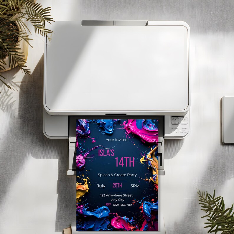 Editable paint party invitation template with vibrant acrylic paint splashes framing invitation text, modern art birthday invite